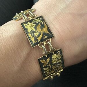 Vintage🌟 Damascene 24k gold inlay birds & flowers square Bracelet 7.5